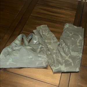 Gymshark Olive Green Camo Sports Bra and Leggings Set